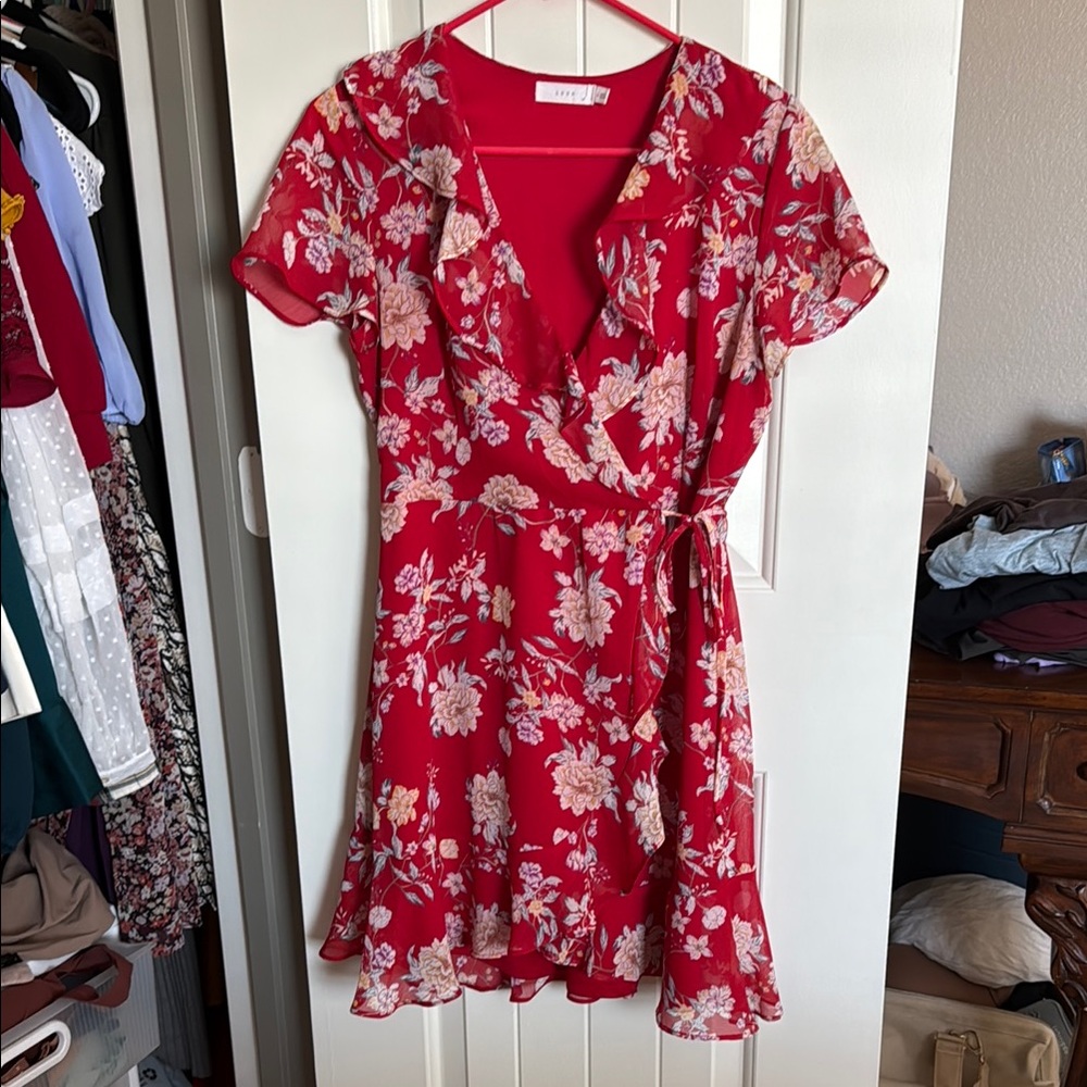 Lush Red White Floral Wrap Flutter Sleeve Mini Sundress
